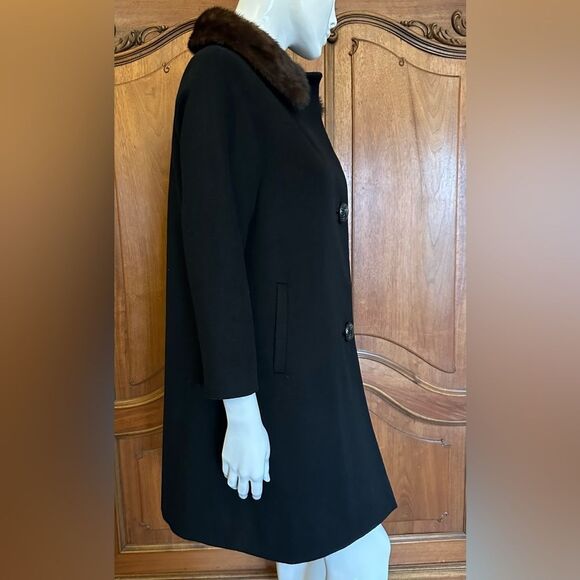 50s Coat Black Vintage Wool Fur Collar Fully Lined Size L - Picture 5 of 11